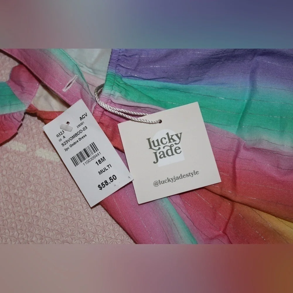 Lucky Jade Dress &Bloomer Baby Girl 18 month BRAND New Horizontal Rainbow Stripe - Picture 3 of 4